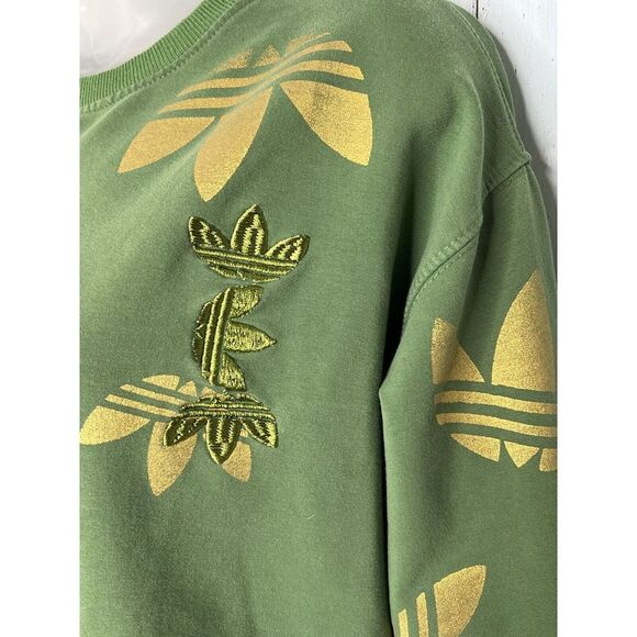 MENS ADIDAS GREEN GOLD METALLIC ALLOVER TREFOIL LOGO PULLOVER SWEATSHIRT S? - Picture 7 of 14